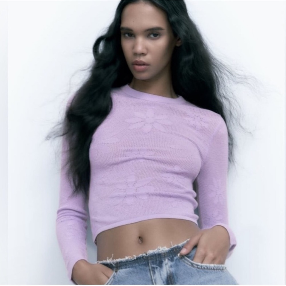 Zara daisy lilac 90s Y2K  sheer knit long sleeve top